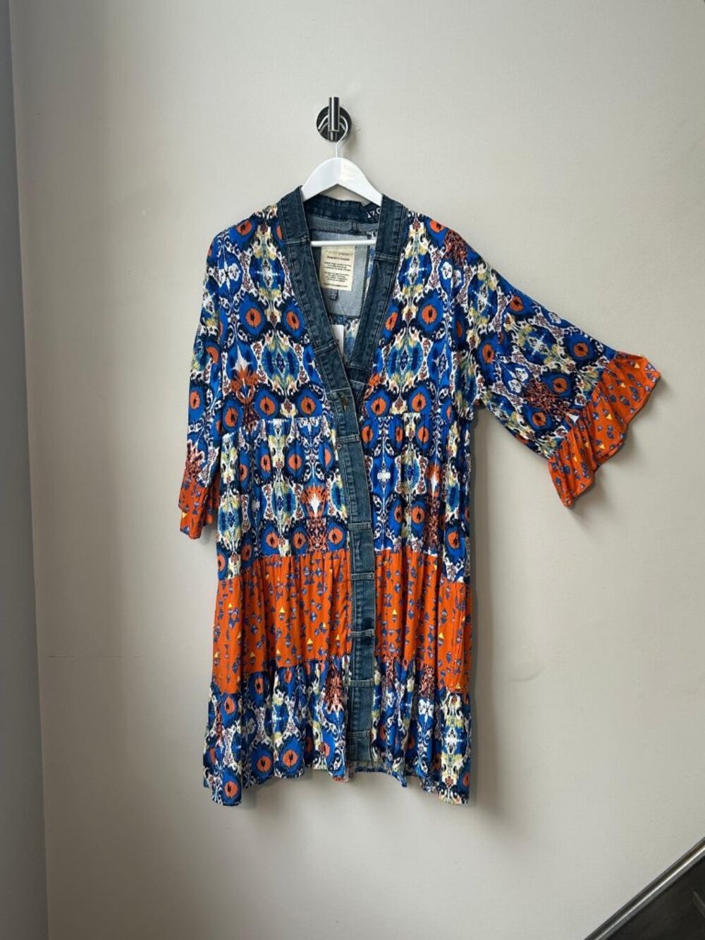 NWT Shannon Passero O/S Boho Ikat Kimono Duster Cardigan Denim Trim Orange Blue - Picture 3 of 6